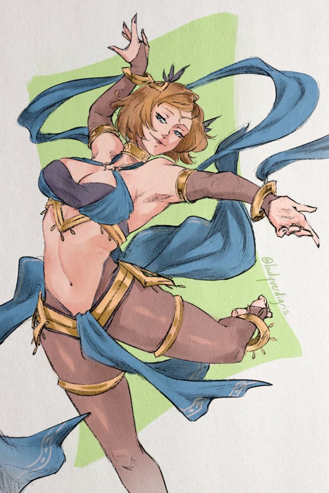 A fullbody illustration of my version of FEH‘s Kiran in a plegian dancer outfit with a blue color scheme. She‘s dancing with a happy expression on her face, clearly having a really good time