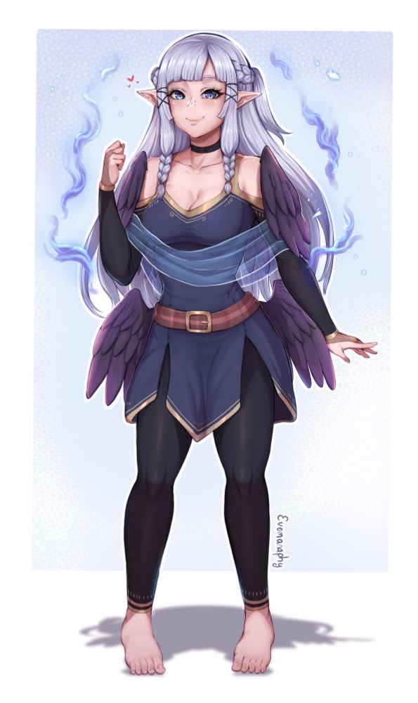 A rendered fullbody reference image of Ranea, she‘s looking at the viewer with a smile