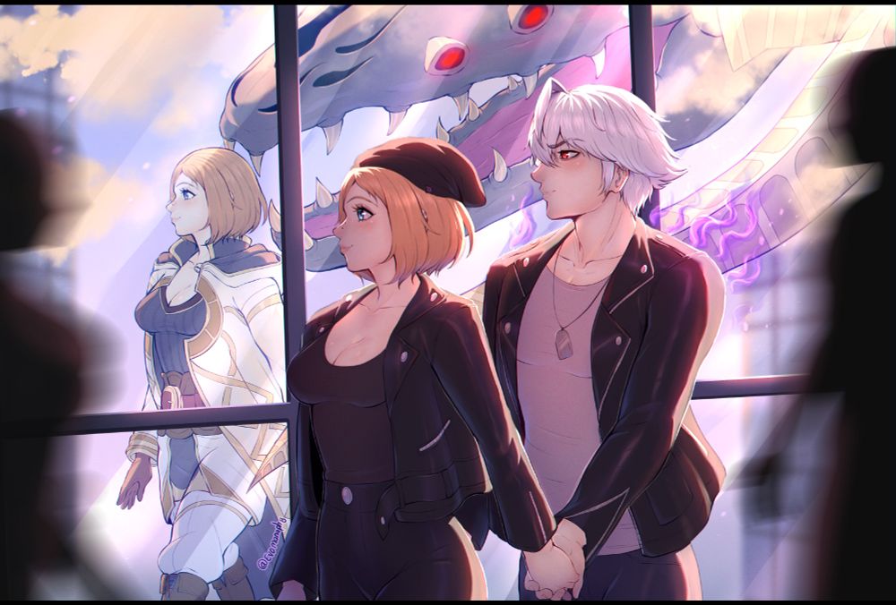 A halfbody illustration of Kiran & Grima wearing modern clothes I‘ve given them once for a joke World of steel!AU walking in front of reflective windows, implied to be a skyscraper as seen in the few parts of the wolrd of steel we have in FEH, showing Kiran‘s summoner appearance and Grima‘s dragon form in the reflection.