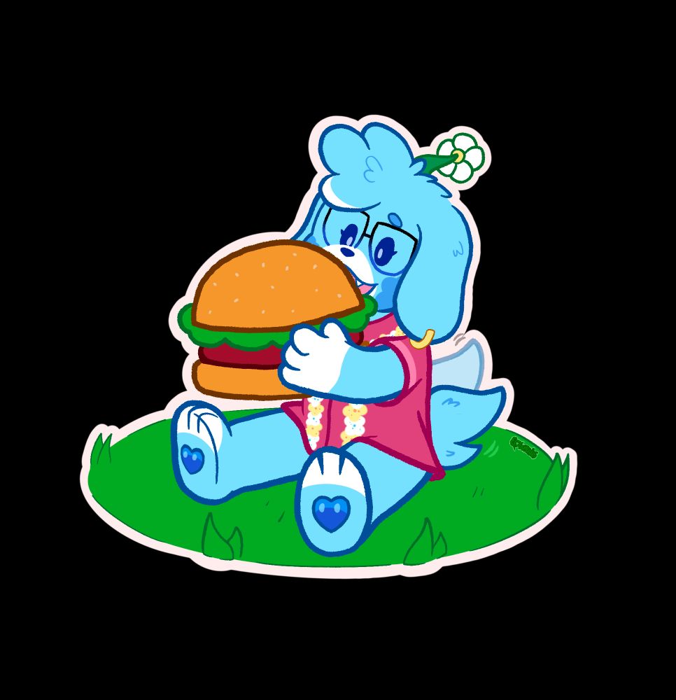 A light blue dog character sitting on grass holding and ready to bite into a massive burger!