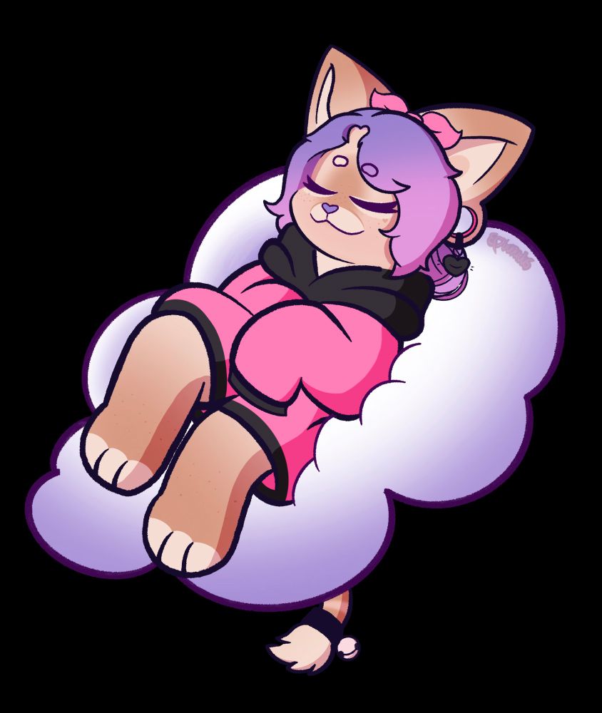 A cat in a pink hoodie sleeping on a cloud!
