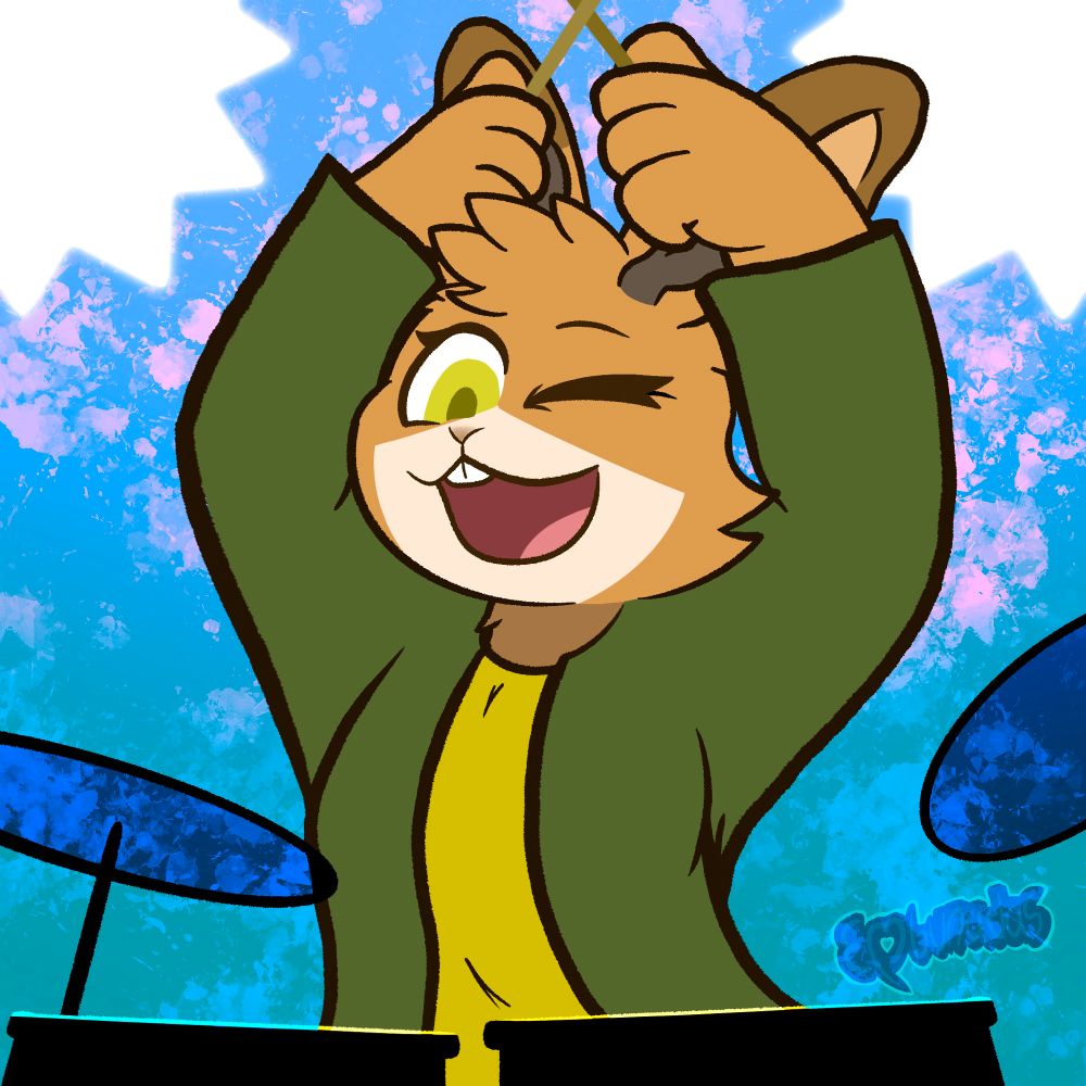 A brown jackalope girl named Zeena goin to town on her drums! She’s holding a pair of drum sticks over her head in an x shape. 