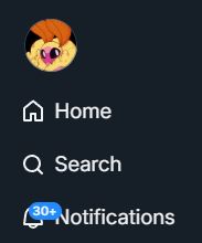 Screenshot closeup of the bluesky side menu with the notification icon showing 30+ new alerts