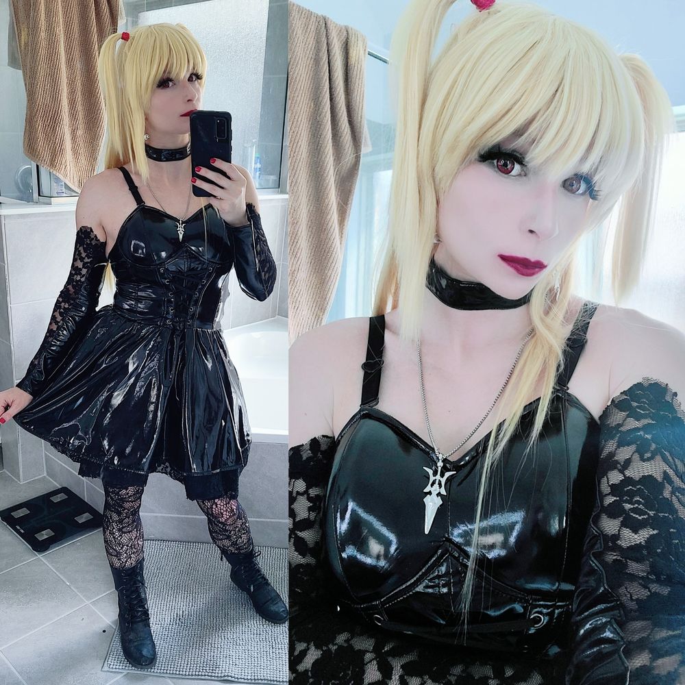 Side-by-side images of a Misa Amane cosplay: one full-body shot showcasing her full gothic outfit, and a close-up focusing on detailed makeup with sharp eyeliner, soft lashes, and red lips.