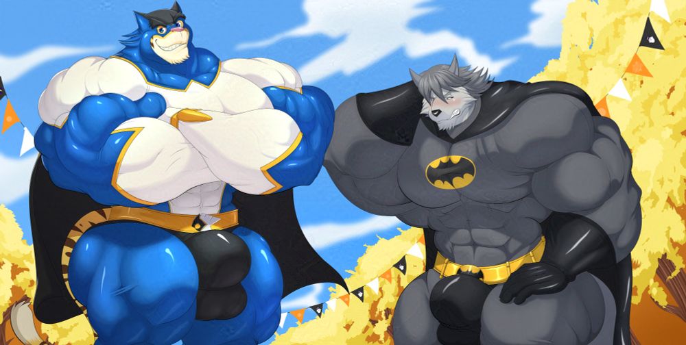 Reupload of #NSFW Commission for @furryexpat of big bulgin' Morenatsu men dressed up as superheroes 💪