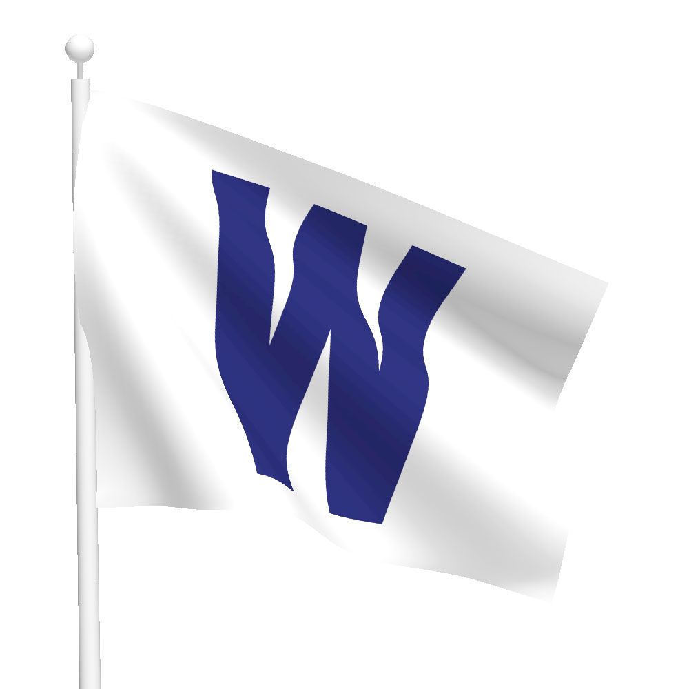 Artist's depiction of a white flag with a large blue W, flying from a white flagpole. The Chicago Cubs fly this flag whenever they win a game. 