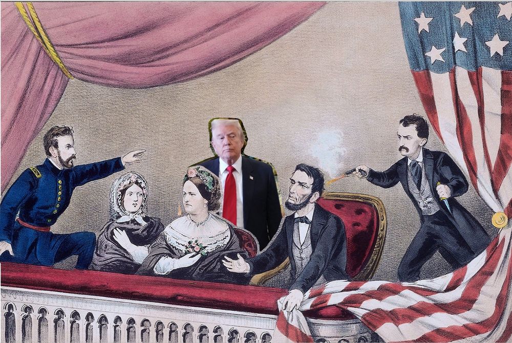 It's the Currier and Ives depiction of the Assassination of Abraham Lincoln, with Donald Trump standing around bored and irritated as it's going on in front of him. 