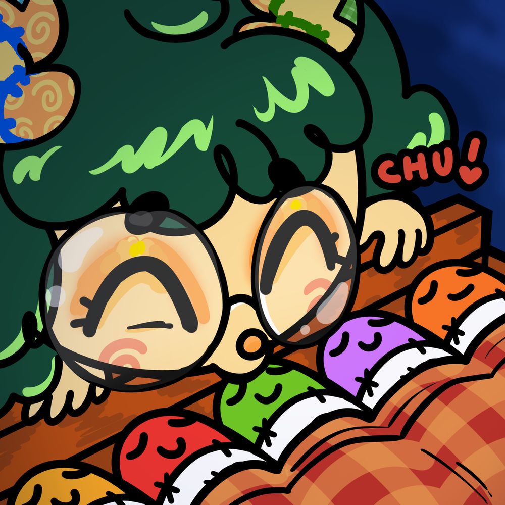 drawing of 5 "sockworms" in different colors, all sleeping next to each other in a sock drawer, with a blanket pulled over them. julesy woolsy is kissing the green sockworm on the forehead. the word "CHU!" is displayed on the right