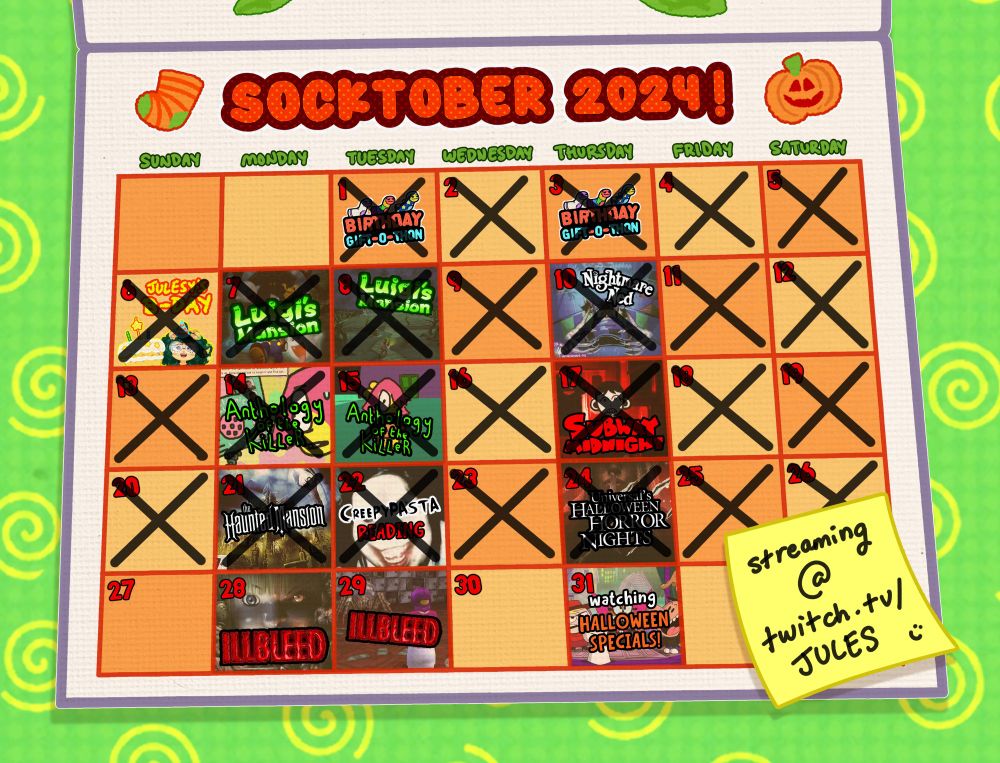a calendar of october 2024, all days except for the last week are crossed out. october 28th and 29th say "ILLBLEED", and october 31st says "watching HALLOWEEN SPECIALS!". there is a post-it note attached to the calendar that says "streaming @ twitch.tv/jules"