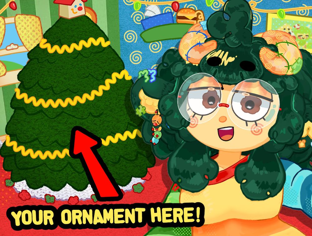 julesy woolsy next to an undecorated christmas tree. there is a red arrow pointing to the tree, with text underneath that reads "YOUR ORNAMENT HERE!"