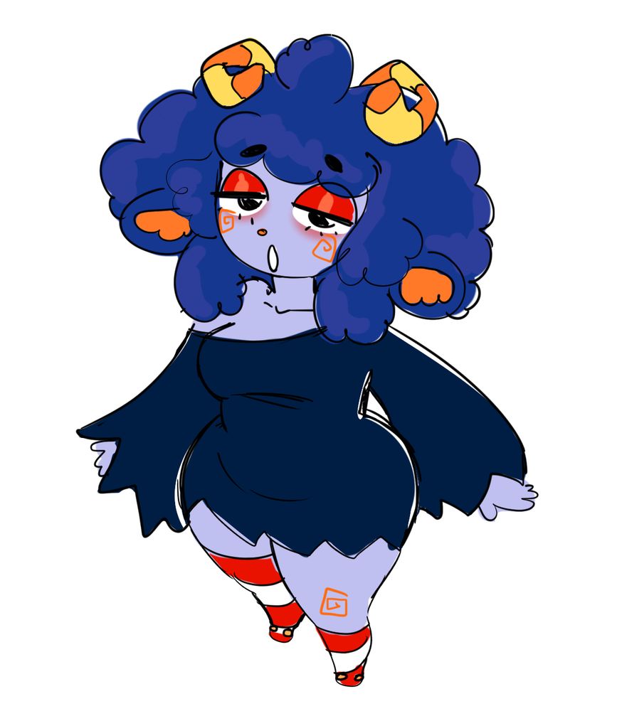 ghost girl "julesy ghoulsy" (halloween costume of julesy woolsy)! she has blue hair, a dark blue raw-cut dress, and red and white striped socks!