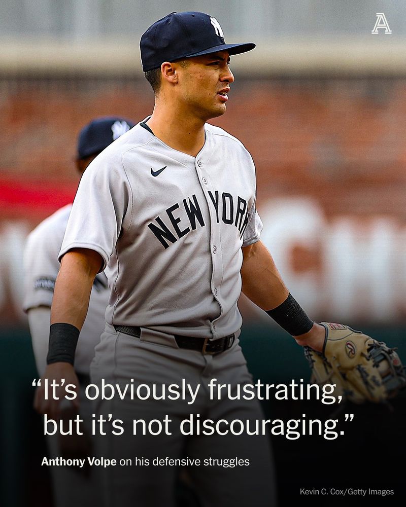 A photo of a baseball player for the New York Yankees, accompanied by his “it’s obviously frustrating but it’s not discouraging.