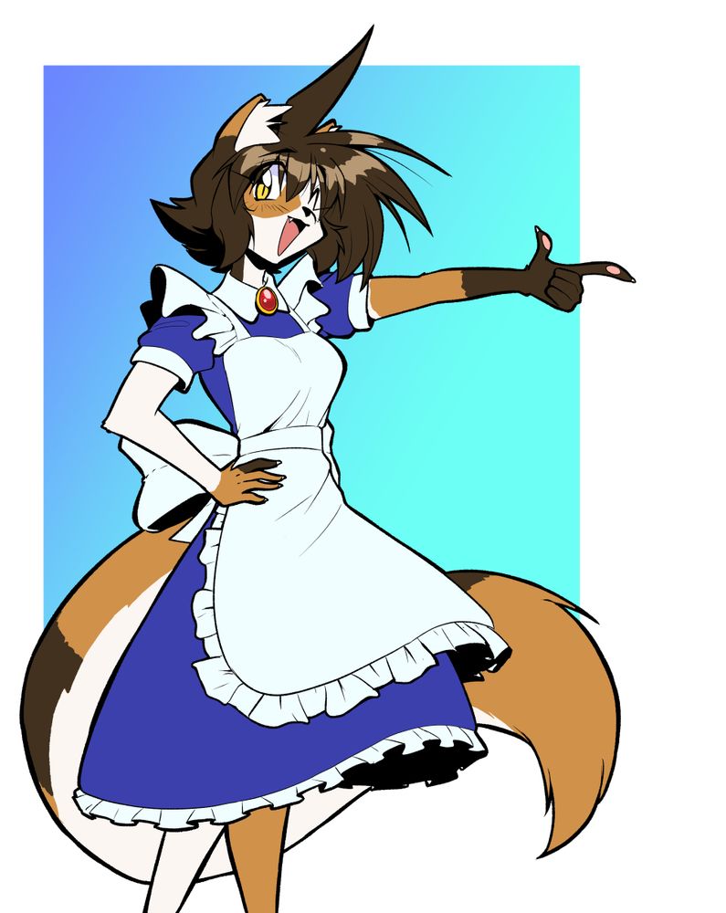 kat, a furry calico cat girl, wearing a blue maid outfit from mahoromatic while striking a pose
