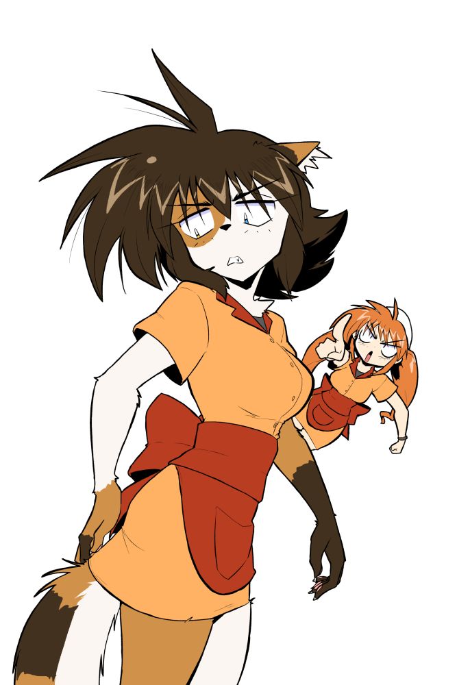 Kat is gripping the back of her skirt as her tail is restricted by it, having to go down the skirt as there's no tail hole for it. Emma is in the background angrily pointing at Kat.