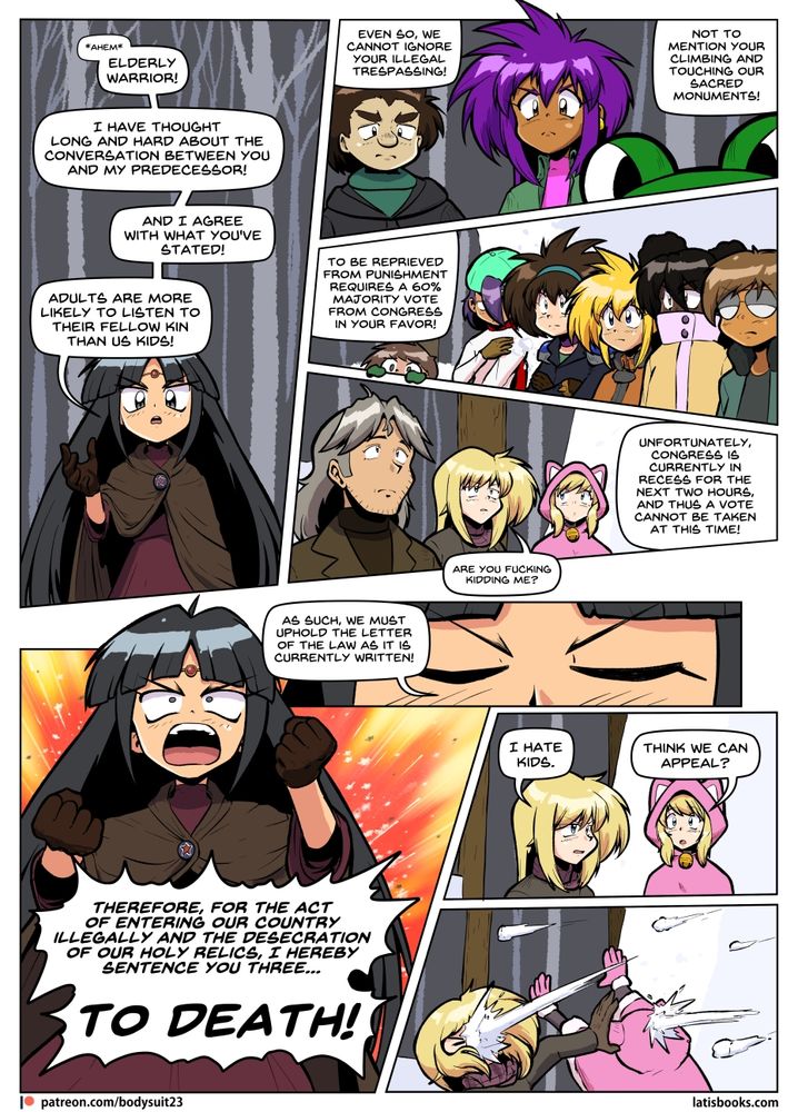 A page from bodysuit 23 where a bunch of kids sentence the main characters to death