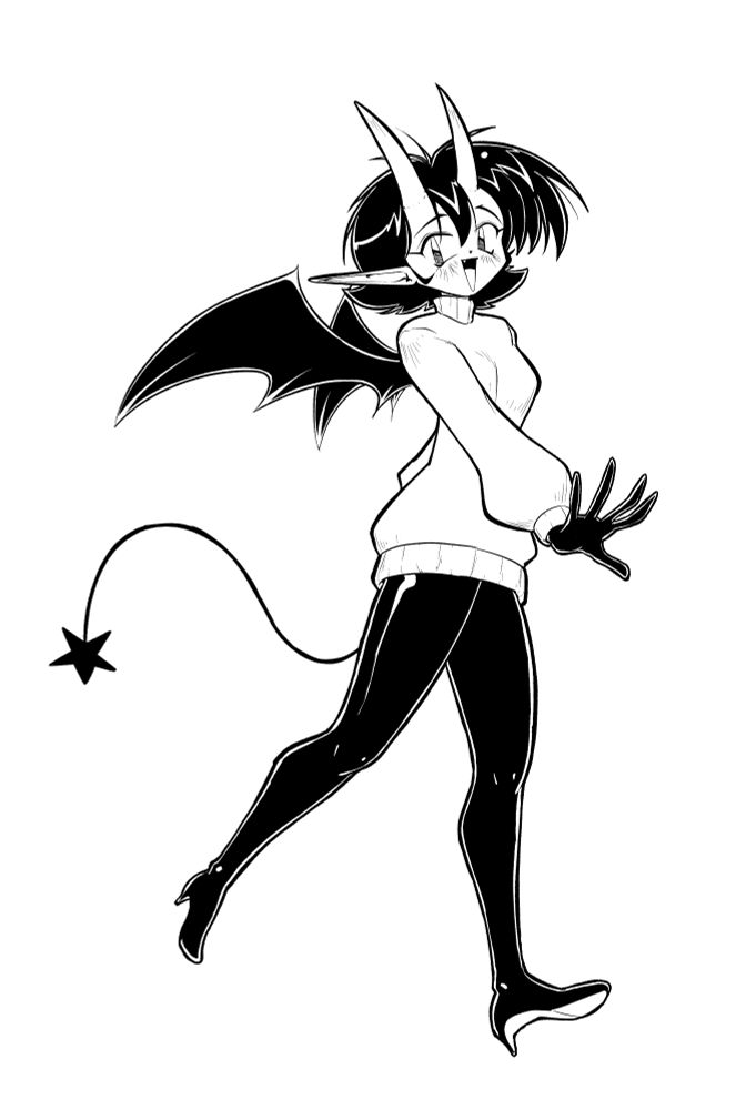 Demon girl Bell wearing a sweater and black pvc underclothing