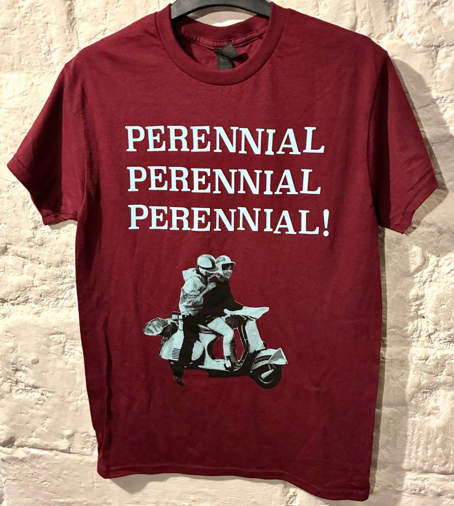 Maroon Perennial t-shirt with two people on a scooter