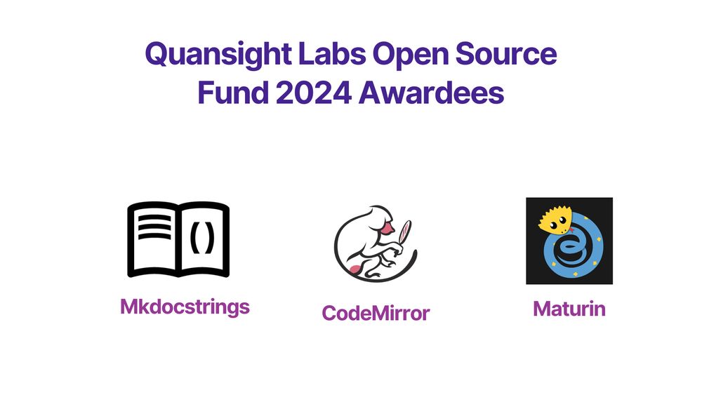 Alt text: A graphic displaying Quansight Labs Open Source Fund 2024 Awardees with logos for CodeMirror, Mkdocstrings, and Maturin
