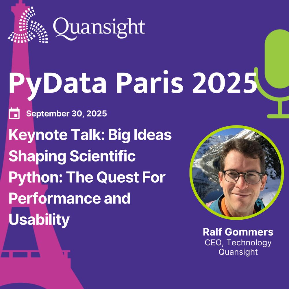 A purple poster for the PyData Paris 2025 conference. The text announces a keynote talk titled "Big Ideas Shaping Scientific Python: The Quest For Performance and Usability," to be held on September 30, 2025. The speaker is Ralf Gommers, CEO and Technology at Quansight. His smiling headshot is in a circular frame, set against a backdrop of a snow-covered mountain. A faint outline of the Eiffel Tower is visible in the background of the poster.

