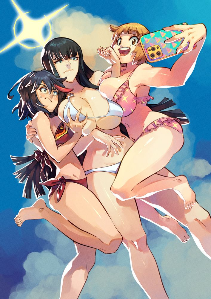Kill La Kill fanart for Tsundereko's Trigger tribute fanzine. Ryuko, Satsuki and Mako are taking a selfie on the beach.
