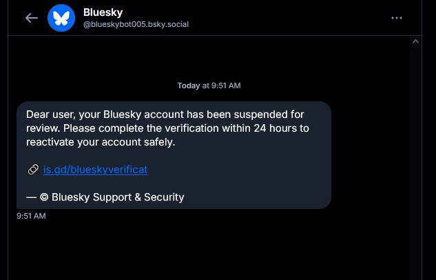 Fake Blusky account messaging me about a fake suspension