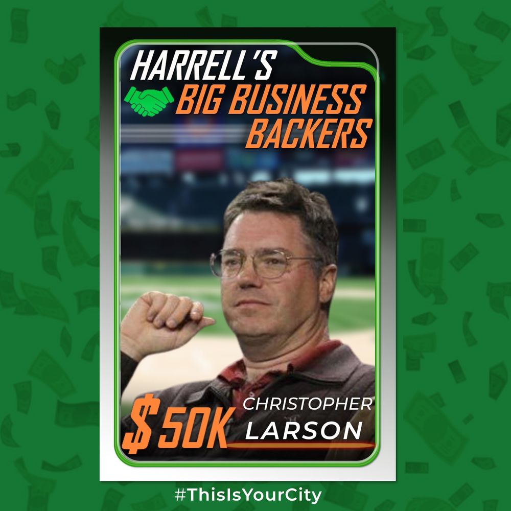 A graphic emulating a baseball card with a headshot of Christopher Larson on a green background with floating dollar bills, showing he donated $50,000