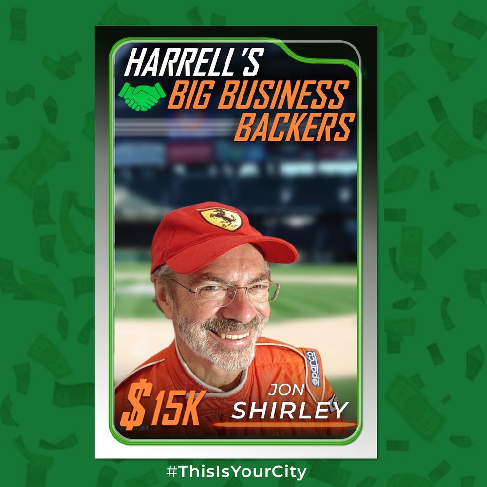 A graphic emulating a baseball card with a headshot of Job Shirley on a green background with floating dollar bills, showing he donated $15,000
