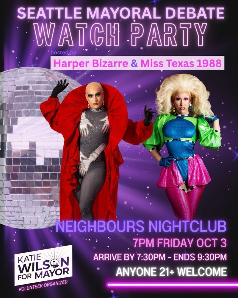 Purple and black background with two drag queens pictured. Event details are listed: Neighbours Nightclub, 7pm-9:30pm, begins at 7:30, anyone 21+ welcomed.