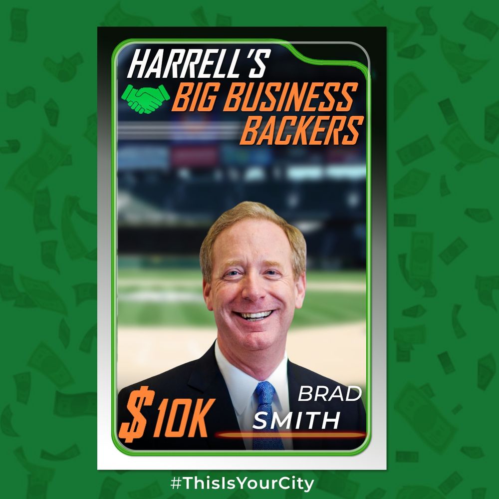 A graphic emulating a baseball card with a headshot of Brad Smith on a green background with floating dollar bills, showing he donated $10,000
