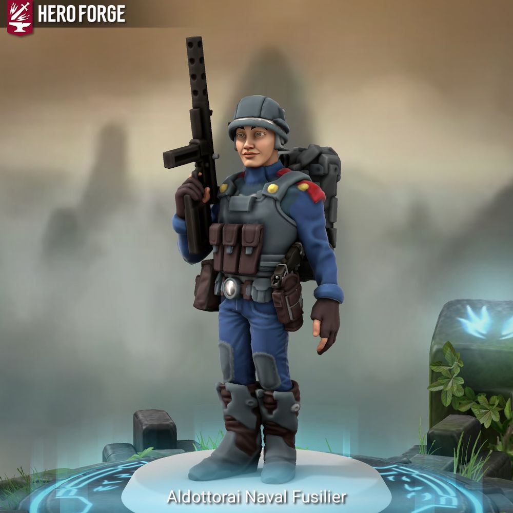 A heroforge mini of an Aldottorai Naval Fusilier- white skinned male, deep blue uniform with red and gold epaulette, bulletproof vest, and submachine gun, as well as black sci fi looking boots, helmet, and backpack 