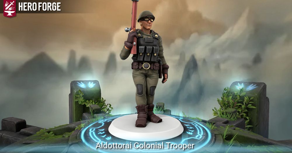 A heroforge mini of an Aldottorai Colonial Trooper- human male with tan skin, drab green fatigues, brown boots, metal helmet, bulletproof vest, and bolt action rifle 