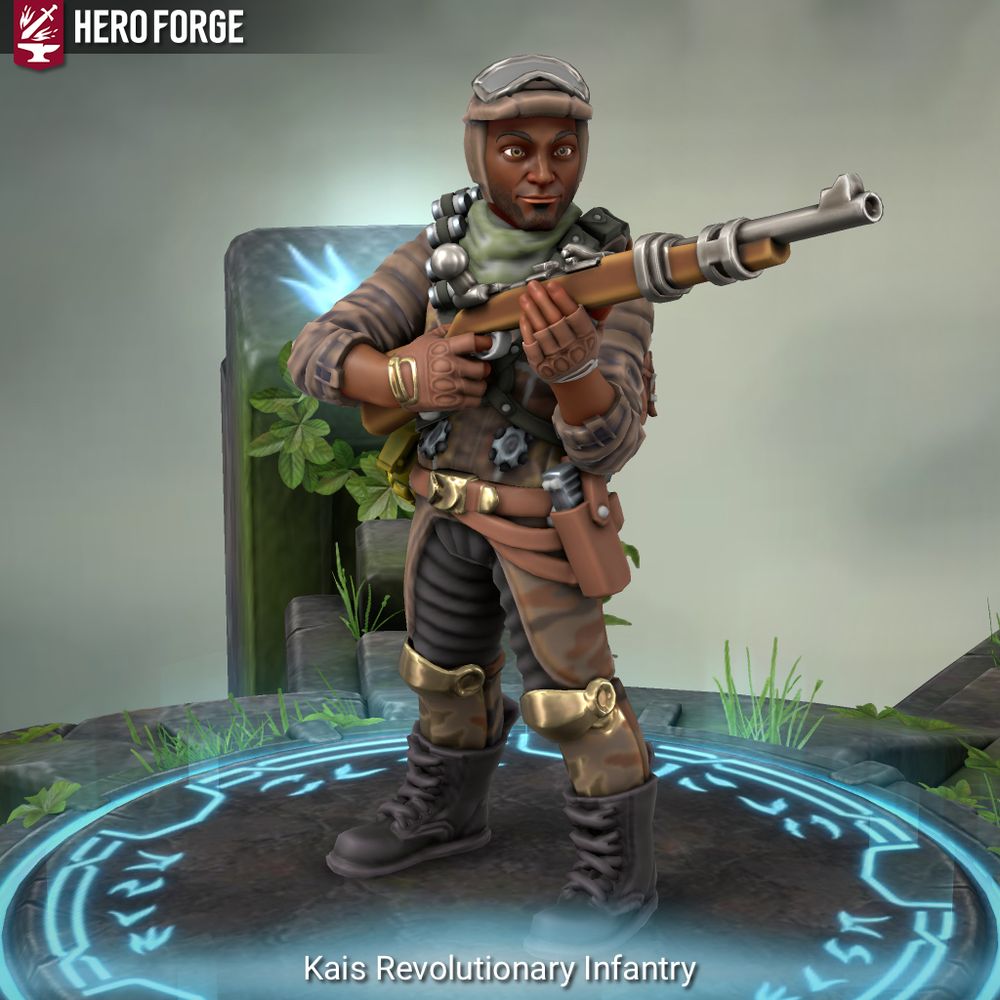 A HeroForge mini of a Kais Revolutionary infantry man with black skin, tan sci-fi outfit, tactical harness, and bolt action rife 