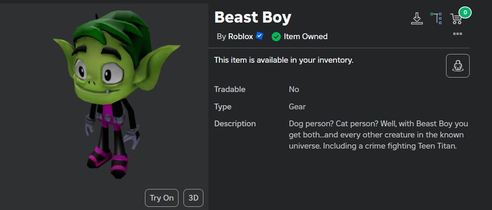 a screenshot of the item page for the roblox gear Beast Boy, the one from teen titans go. I own him and I cannot get rid of him