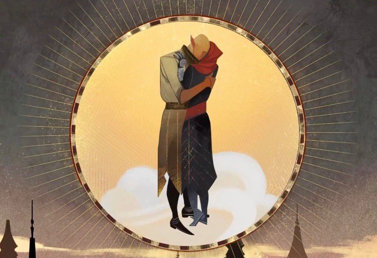 Art work from Dragon Age: The Veilguard depicting two figures hugging each other surrounded by a yellow circle. #VeilguardSpoilers