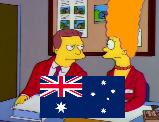 Adapted Simpson's scene: Man looks grimly at orange-haired Marge, Australian flag superimposed.
