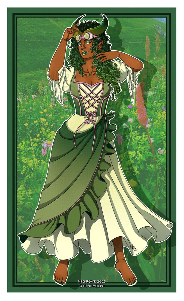 A green-themed demon witch wearing a dress and corset in shades of green, cream, and pink.  She has curly green hair, green and gold makeup, and green horns sprout from her brow.