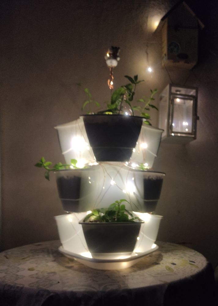 Un test blanc en forma de torre amb plantetes i llumetes.