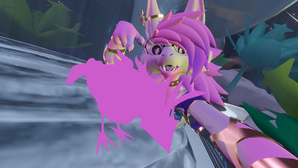 Novabeast pointing at a shader error  bird in the Furality Somna stage world