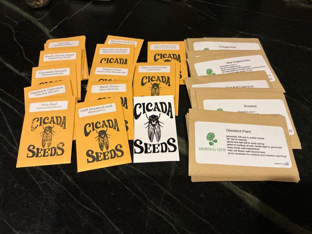 Lots of seed packets from small providers of interesting varieties of locally sourced seeds. Some for the vegetable garden from Cicada seeds in Canada and some wildflowers from Sevenhill Farm.