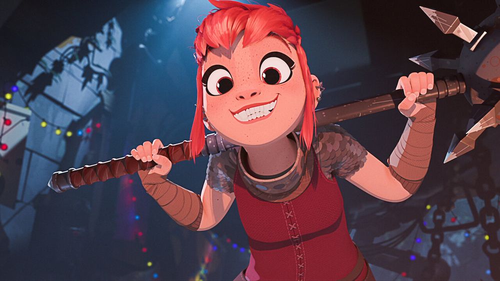 Nimona, from the animated movie is a red haired female who appears to be in her teens. She is smiling somewhat maniacally with wide eyes. She's wearing a red vest or sleeveless tunic over a scale mail shirt and has several rings in her ears. Her lower arms are wrapped in brown bracers and she holds a huge spiked mace over both her shoulders. The backdrop is the inside of a derelict building, lit from above and decorated with coloured string lights.