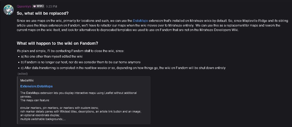 A screenshot of the wiki's Discord server announcing the wiki's full move to Miraheze.

Part 2 of 2