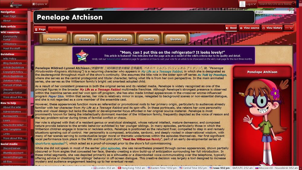 A screenshot of Penelope Atchison's page on the wiki, which her article is a featured article on the home page. As of September 23, 2025, we are currently hosting a poll onto what featured article and image would be featured on the home page, since we moved away from Fandom. With that, we've decided to give the wiki its true visual overhaul to go along with this. This includes an overhaul in UI, infobox design, navigation box, general tweaks and appearance changes, plus more.
