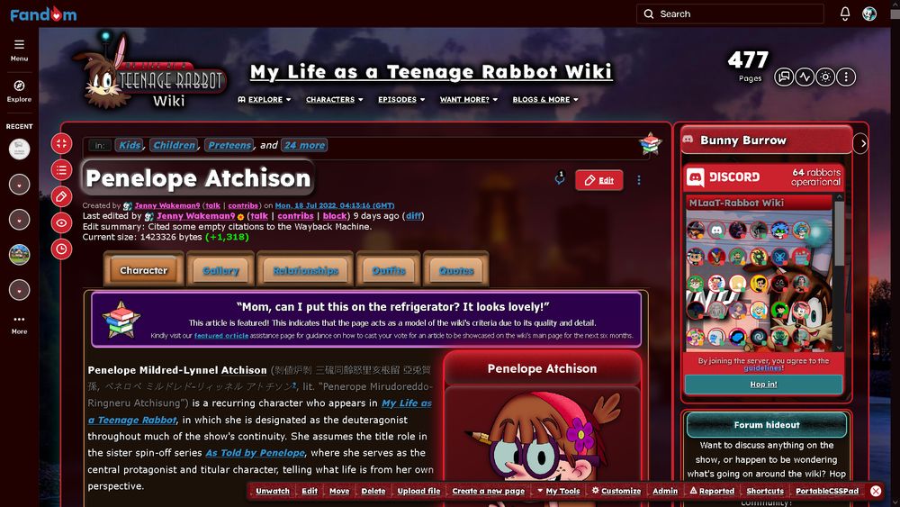 A screenshot of Penelope's article on the wiki, showing off the wiki's new skin and its new general aesthetic: Skeuomorphism.