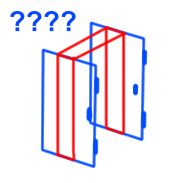 sketch diagram of said busted door, demonstrating the doors placed open but perfectly centred under the doorframe, with hinges on the outer side along with the handles. diagram annotated with question marks.