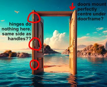 annotated crop of the genAI door image used in the above photoshop message. the door is somehow mounted open and perfectly centre under the doorframe, and there are hinges not actually mounted to anything on the same side as the door handles.