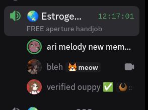 ari, claire, and julia, in a voice channel called "Estrogen..." with the description "FREE aperture handjob". the call has been ongoing for 12 hours, 17 minutes, and 1 second