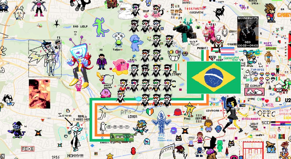 wplace.live artwork across dublin, featuring a bunch of spamtons, a massive brazillian flag, a long irish flag trail behind a tram, and mommy tasque manager. among many other fun pixel artworks, memes, and references.