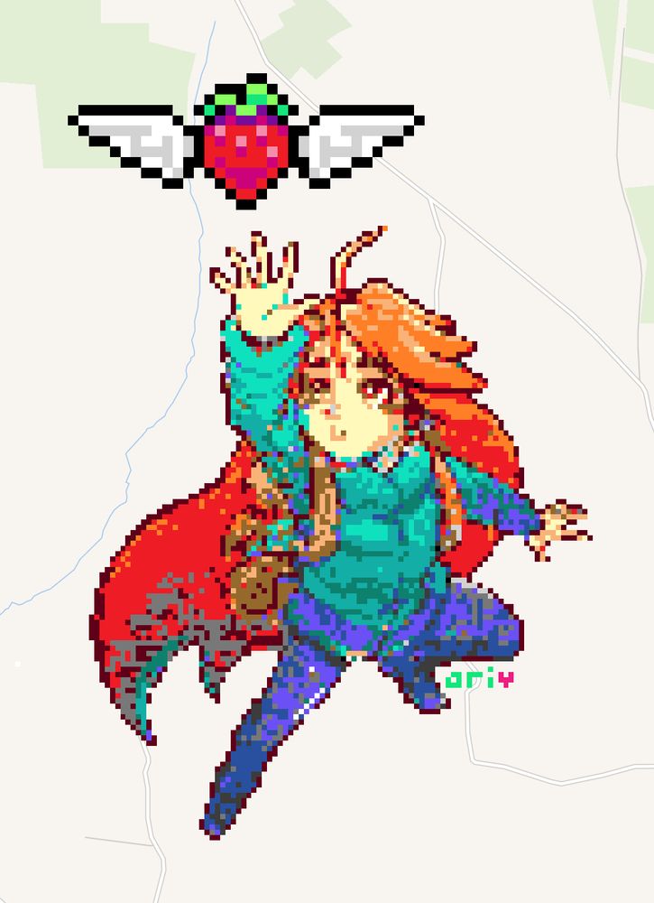 a pixel art drawing of madeline from celeste's box artwork, signed "ari ❤️". she's reaching up towards a pixel art winged strawberry.