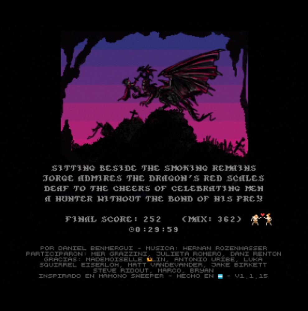 Completion splash screen for the game Dragonsweeper. Score 252 with an icon depicting two nude heros sharing a love heart.