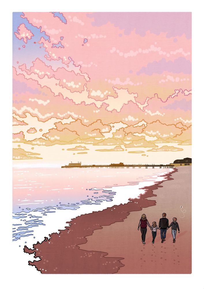 An illustration of a family of four walking hand-in-hand in the distance on a beach with a long pier visible on the horizon. The sky is pink with sunset and waves are lapping on the foreground. 